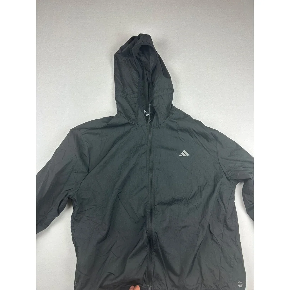 Adidas Jacket Woman's L Black Hooded Full‎ Zip Ultralite Lightweight Polyamide
